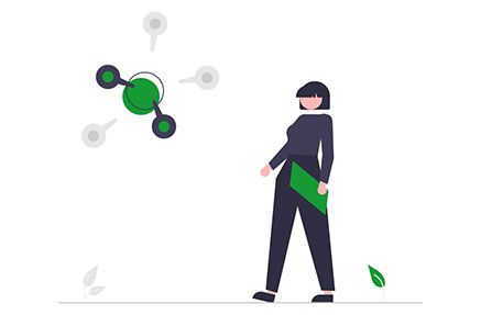 A woman observing a molecule diagram