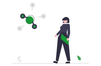 A woman observing a molecule diagram