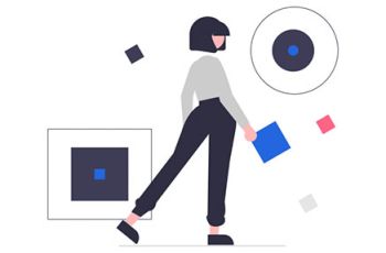 Woman surrounded by various squares and geometry