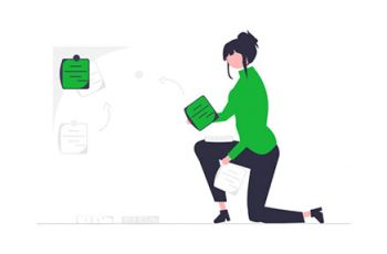 Woman kneeling and holding documents