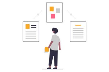 Person standing below a document progression diagram
