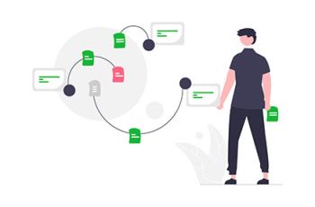 A person standing before a brainstorm process diagram